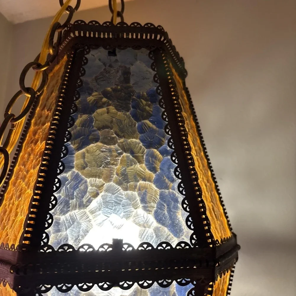 Vtg Mid Century 2 Color Blue Gold Brass Swag Lamp Pendant MCM Hollywood Regency